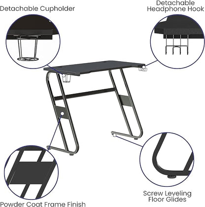 Flash Furniture Fisher Gaming Desk - Black Ergonomic Computer Desk - 51.5" Gamers Table with Cup Holder and Headphone Hook
