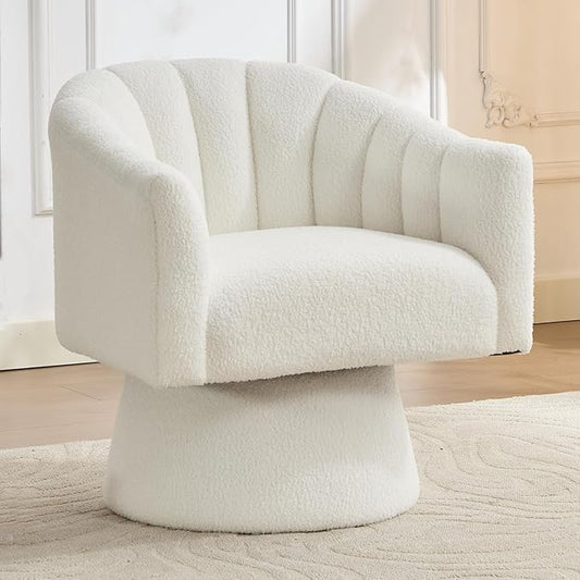 Swivel Accent Chair,Upholstered Teddy 360° Swivel Barrel Chair for Living Room Overstuffed Bouncle Reading Chair Round Armchair for Bedroom,Vanity,Office-White
