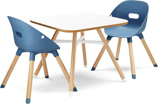 Lalo The Play Kit - Kids Table & Chairs Set with Sustainably Sourced Wood Table & 2 Non-Toxic Bucket Seat Chairs - Safe & Comfortable - Coconut/Blueberry