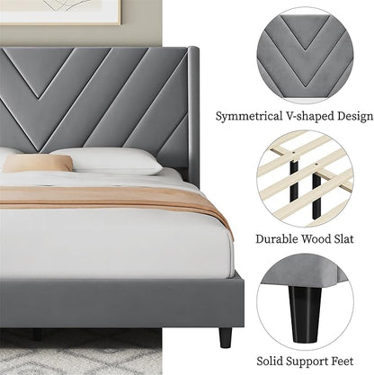 Yaheetech Queen Bed Frame Upholstered Platform Bed with Wing Side/Wooden Slat Support/Tufted Headboard with Wing Side/Mattress Foundation/No Box Spring Needed,Light Grey Queen Bed