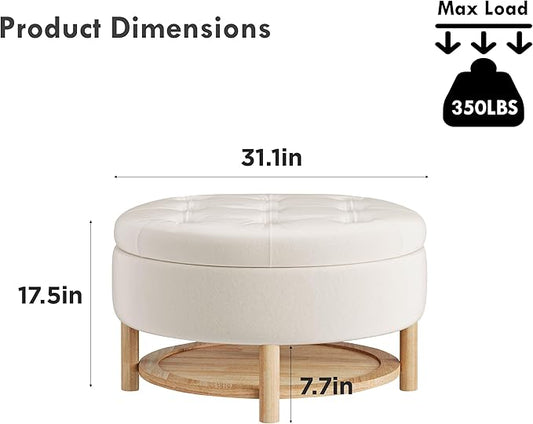 Vabches 31 Inch Round Storage Ottoman, Upholstered Velvet Tufted Foot Rest with Lift-Off Lid, Coffee Table with Commodity Shelf for Living Room, Beige