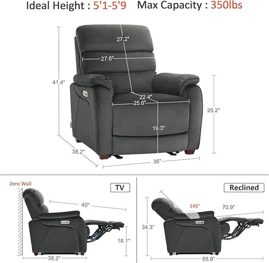 MCombo Power Zero Wall Hugger Recliner Chair for Small Space RV Living Room, Power Recliner with Adjustable Headrest, USB & USB-C Charging Ports, Fabric ST257 (Dark Grey)