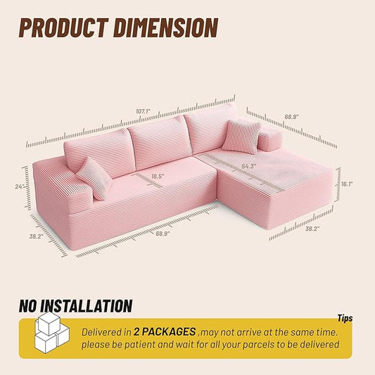 107" Boneless Couch with Deep Seat, Modular Sectional Sofa, Cloud Sectional Couch for Living Room, No Assembly Required, Corduroy, L-Shape Right，Pink