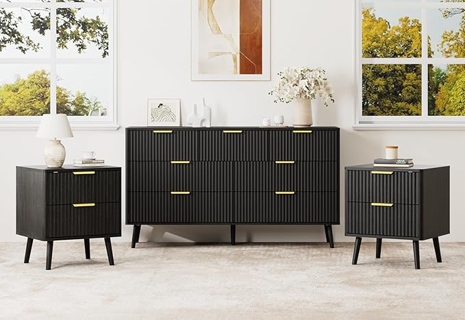 LYNSOM Fluted Dresser and Nightstand Set, 3 Pieces Bedroom Set, 55 Inch Wide 7-Drawer Dresser & 2-Drawer Nightstands Set of 2, Modern Dressers Set for Bedroom, Hallway, Black