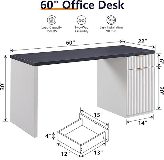 JXQTLINGMU 60" Modern Executive Desk with Storage, Wood Home Office Desk with Drawer & Cabinet, Fluted Computer Writing Desk for Study, Living Room, Bedroom, Antique White