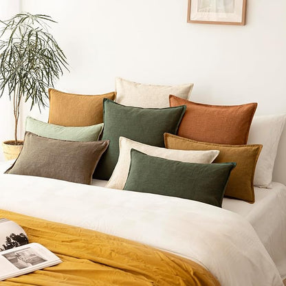 Foindtower Pack of 2, Decorative Linen Solid Throw Pillow Covers Soft Accent Cushion Case Farmhouse Neutral Pillowcase for Chair Couch Sofa Bedroom Living Room Home Decor 20x20 Inch Dark Olive Green