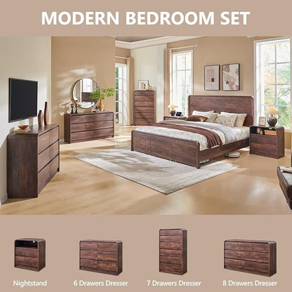 Modern 7 Drawers Dresser for Bedroom, 55" Tall Dressers & Chest of Drawers w/Curved Profile Design, Wood Mid Century Vertical Storage Dressers Organizer for Bedroom, Living Room, Brown