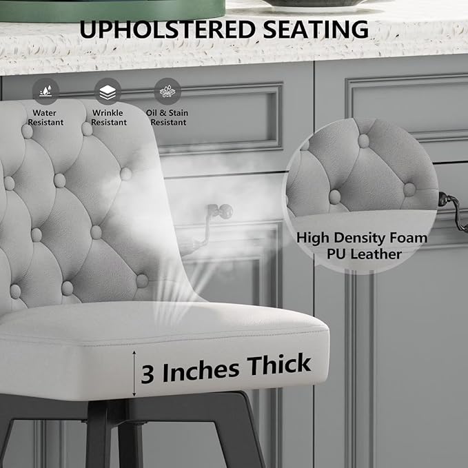 MINCETA Bar Stools Set of 2, PU Leather Barstools, 26 Inch Upholstered Counter Stools with Low Tufted Back and Footrest, Swivel Counter Height Barstools for Kitchen Island Home Bar Light Gray
