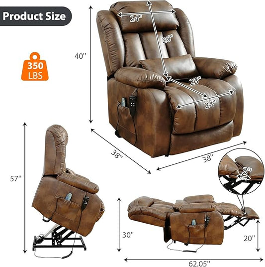 EDILLY Large Genuine Leather Power Lift Recliner Chair for Elderly, Dual Motor with Massage and Heating,with Double Lumbar Cushion and Extended Footrest,USB Port and Remote(Ocher)
