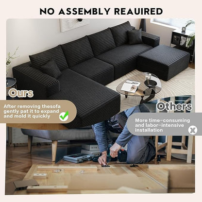 135.4" Cloud Sectional Couch with 1 Ottoman,Modern Modular Sofa with Deep Seat, Comfort U Shaped Sofa Couches for Living Room Bedroom Apartments,No Assembly Required, (Black,Left Facing Chaise)