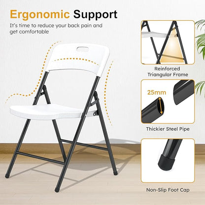 6 Pack Folding Chairs, 700lbs Capacity Heavy Duty Folding Chair with Reinfoced Steel Frame for Indoor/Outdoor Use, White Plastic Foldable Chairs for Party, Patio, Meeting, Wedding and School