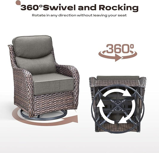 Rilyson Wicker Outdoor Patio Furniture Set - 7 Piece Patio Conversation Sets with Swivel Rocker Chairs, Ottomans and Sofa, 6 inch Cushions, Waterproof Wicker, for Porch Deck Brown/Grey