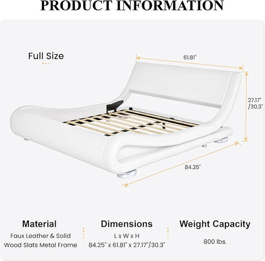 SHA CERLIN Full Size Upholstered Bed Frame, Deluxe Low Profile Sleigh Bed with Faux Leather Ergonomics Headboard, No Box Spring Needed & Easy Assembly, White