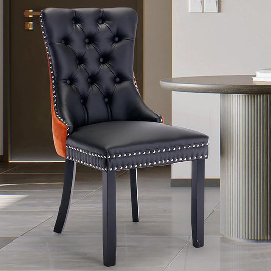 Pu Upholstered Dining Chairs Set of 4, Modern Style Kitchen Side Chairs with Nailhead Trim and Wood Leg, Metal Pulling Ring for Dining Room Living Room(Black&Orange,Set of 4)