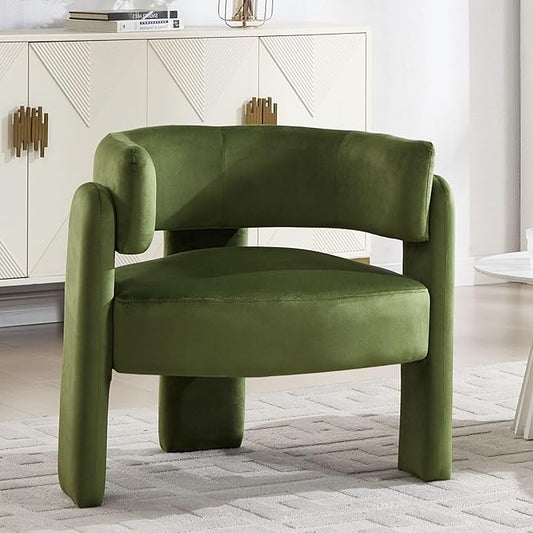 Velvet Accent Chair with Arms, Upholstered Barrel Armchair with Curved Back, Comfy Single Side Chair for Reading, Living Room, Home Office, Green