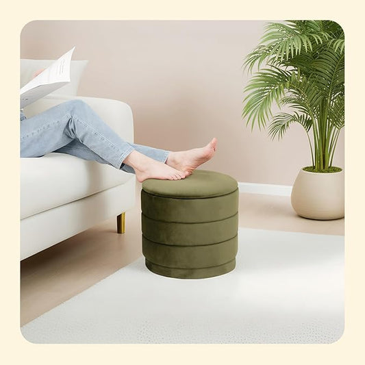 PINPLUS Round Velvet Ottoman Tray, Olive Green Upholstered Decorative Accent for Footstool or Coffee Table, Removable Serving Surface