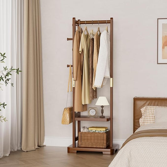 Solid Wood Clothes Rack Coat Rack with 2 Shelves & 4 Hooks for Hanging Clothes Garment Wallets Hats, Clothing Rack Coat Rack Freestanding Hall Tree with Storage for Hallway Bedroom Living Room