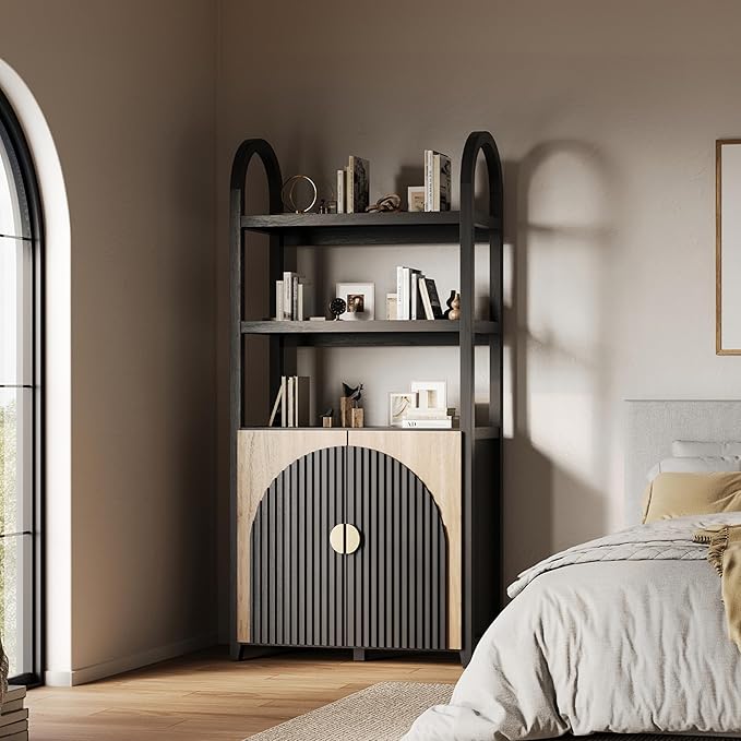 BELLEZE Book Shelf 72" Tall Arched Bookcase with Storage, 5 Tier Mid Century Modern Fluted Bookshelf with Doors, Modular Bookshelves for Living Room Office Library (Camel)
