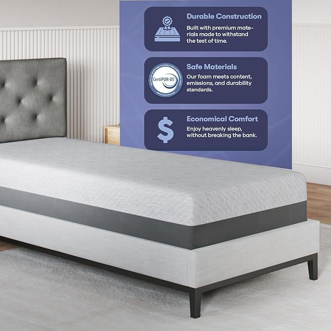 Celestial Sleep Gel Memory Foam Mattress in a Box, Made in The USA, CertiPUR-US® Certified Foam, Oeko-Tex, and Fiberglass-Free Certified Bed, 10 inch Medium - TwinXL