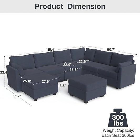 Modular Sectional Sofa Couches, Large Convertible Modular Couches With Storage, 8-Seater Sectional Sofa For Living Room, U Shaped Sectional Couch Sleeper Sofa With Chaise (BlueGrey, 8 Seats)