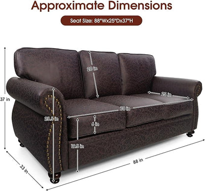 Mid-Century Vintage Sofa Couches with Rivet Design,3-Seater Sofa,Removable Sofa Cover Upholstered Cushions and Solid Wood Frame (Brown, 3-Seater)