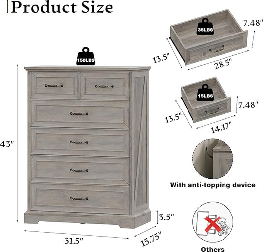 Farmhouse 6 Drawers Dresser for Bedroom, 43" Tall Wood Chest of Drawers with Deep Drawers & Bar Handles, Modern Dresser TV Stand, Rustic Wooden Closet Storage Organizer for Living Room, Hallway, Grey