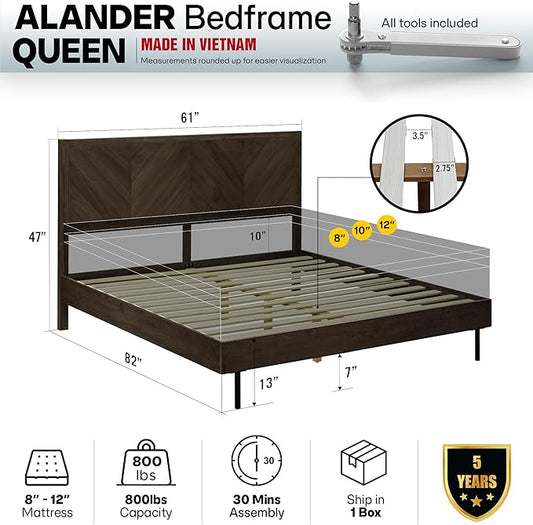 Acacia Alander Bed Frame Queen Size with High Headboard Solid Wood Platform Bed, Tall Headboard Natural Wood Bed Compatible with All Mattresses, Quick & Easy Assembly, No Box Spring Needed, Mocha