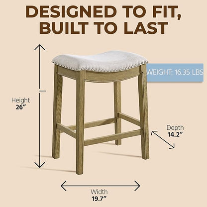 ROME + OAK Set of 2 Parker 26" Counter Stool, Backless Saddle Kitchen Barstool in Natural Wood Finish with Wheat Cream Fabric Upholstery Cushion Seat