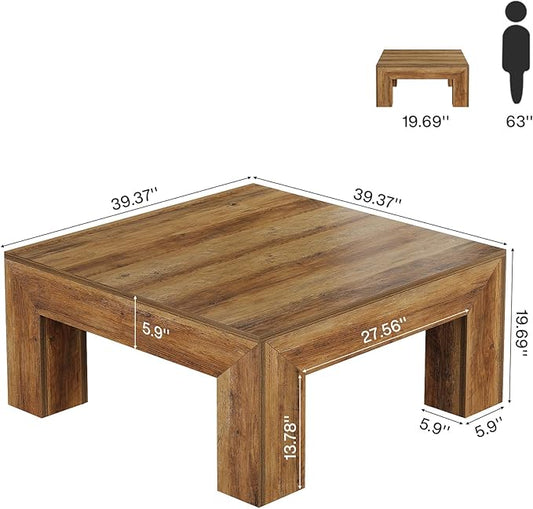 Tribesigns Farmhouse Square Coffee Table for Living Room, 39.37-Inch Low Large Center Tea Accent Table with Sturdy Legs, Easy Assembly (Rustic Brown)
