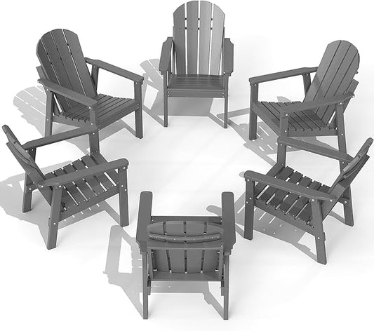 Adirondack Chair Set of 6, All Weather HDPE Fire Pit Chairs, Oversized Plastic Adirondack Chair for Outdoor, Balcony, Deck, Backyard, Patio, Garden, Poolside, Lawn Grey