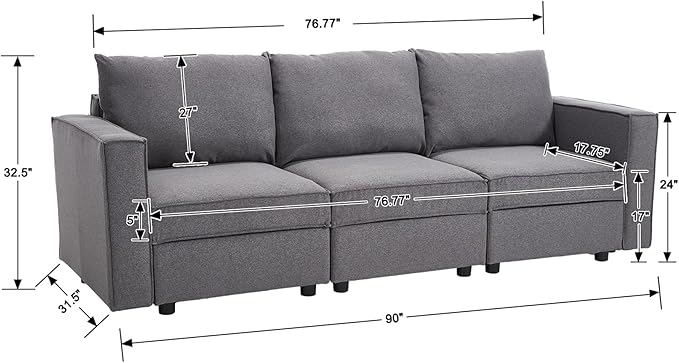 90 inch Cloud Modular Sectional Sofa, 3 Seater Linen Fabric Couch, Modern Convertible Comfortable Sofa Couch for Living Room/Apartment, Grey