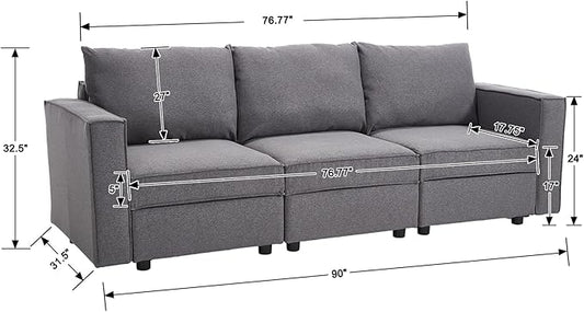 90 inch Cloud Modular Sectional Sofa, 3 Seater Linen Fabric Couch, Modern Convertible Comfortable Sofa Couch for Living Room/Apartment, Grey