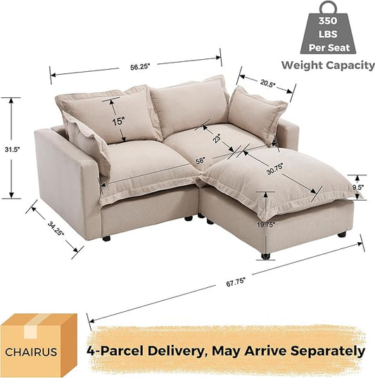chairus 68" Love Seat Sofa with Ottoman Upholstered Linen Deep Seat Couch with Pillow Modular Oversized Couch Sleeper for Living Room, Bedroom, Reception Room, Apartment, 2-Seater/Oatmeal