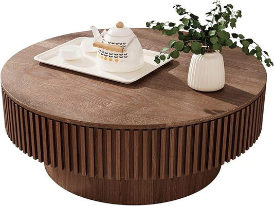 31.5'' Round Coffee Table for Living Room, Fluted Coffee Table with Hidden Storage, Solid Wood Veneered Circle Table, Modern Tea Table for Small Space Apartment (Walnut-31.5''D×14''H)
