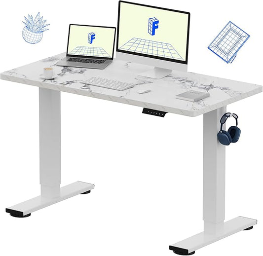 FLEXISPOT EN1 One-Piece Standing Desk 48 x 24 Inches Height Adjustable Electric Desk Sit Stand Desk Home Office Desks (White Frame + Marble Gray Top, 2 Packages)