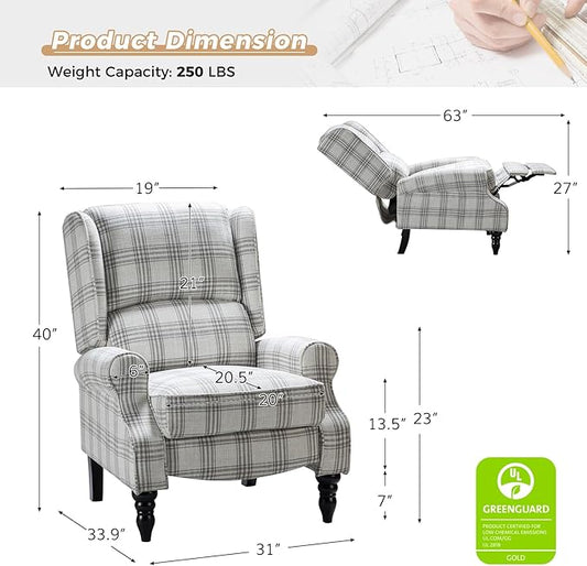 HULALA HOME Upholstered Wingback Recliner Chair Set of 2, Small Adjustable Footrest Push Back Single Reclining Sofa, Mid Century Modern Lounge Armchair for Living Room, Bedroom, Reading/Plaid Grey