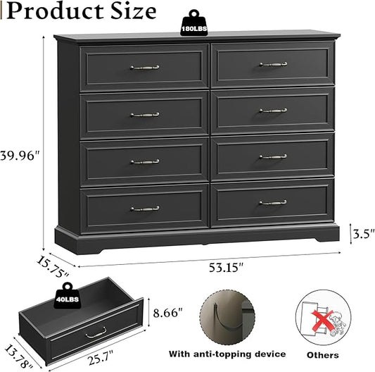 Farmhouse 8 Drawers Dresser for Bedroom, 54" Wide Modern Chest of Drawers with Deep Drawers & Bar Handles, Rustic Wood Dresser TV Stand, Wooden Closet Storage Organizer for Living Room, Hallway, Black