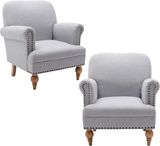 Linen Accent Chairs Set of 2 Mid-Century Modern Living Room Armchair with Nailhead Trim & Wood Legs Comfy Upholstered Single Sofa Chair for Lounge/Bedroom/Reception, Grey