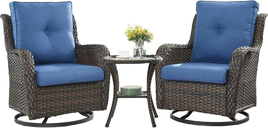 HUMMUH 3-Piece Swivel Rocking Rattan Chair Outdoor, Patio Bistro Furniture Conversation Set with Cover,Cushioned Wicker Chair with Glass Coffee Table(Brown, Blue)
