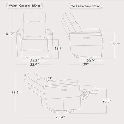 Watson & Whitely Genuine Leather Power Recliner Chairs W Power Headrest for Adults, Swivel Glider Recliner Chair W Charging Ports for Living Room, Light Grey