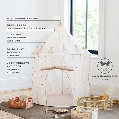 3 Sprouts Kids Play Tent - Sustainable Recycled Fabric – Fun Spacious Childs Playhouse for Indoor Games for Boys & Girls - Durable Fort Pop Up House for Toddlers & Children Age 3-10 - Terrazzo Beige