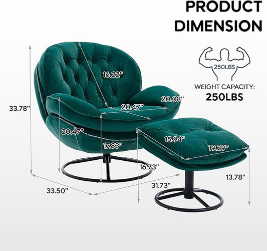 360° Swivel Modern Velvet Accent Chair with Ottoman | Mid-Century Button Tufted Lounge Chair for Living Room & Bedroom, Green