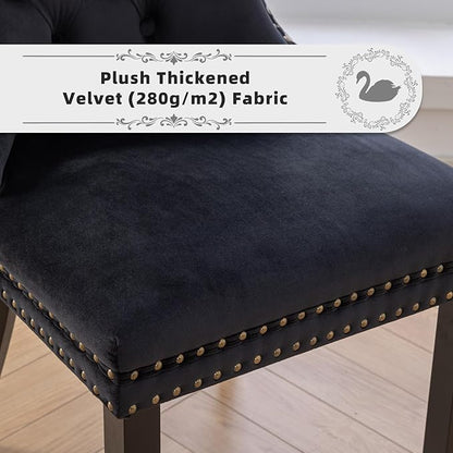 Velvet Upholstered Dining Chairs Set of 2, Modern Style Kitchen Side Chairs with Nailhead Trim and Wood Legs,Metal Pulling Ring for Dining Room Living Room(Quadrangular Star&Black)