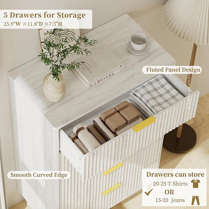 LYNSOM Fluted Dresser and Nightstand Sets 2 Piece, 2-Drawer Nightstands and 5-Drawers Dresser, Wood Bedroom Furniture Set for Home, Bedroom, Hallway, White