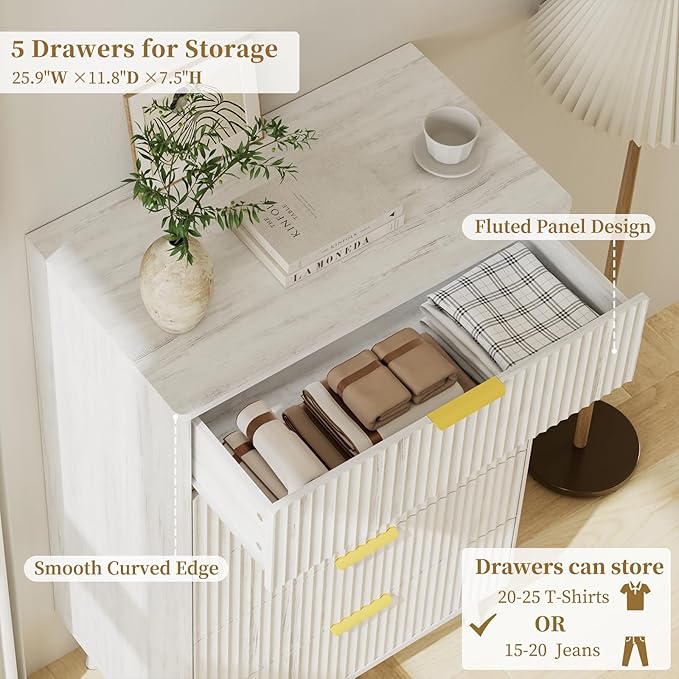 LYNSOM Fluted Dresser and Nightstand Sets 4 Piece, 1-Drawer Nightstands and 5/6 Drawers Dresser, Wood Bedroom Furniture Set for Home, Bedroom, Hallway, White