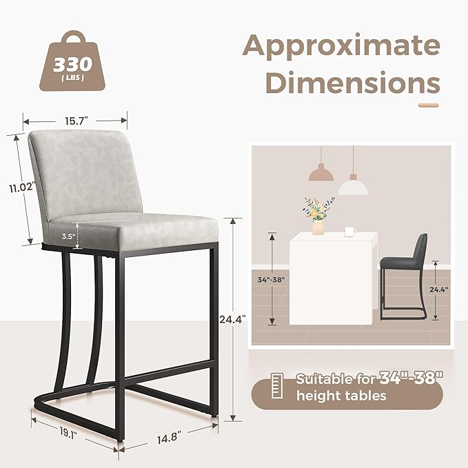 MAISON ARTS Counter Height Bar Stools with Back Set of 2 for Kitchen Counter, 24 Inch Modern Upholstered Faux Leather Barstools Farmhouse Bar Chairs Luxury Island Stools Support 330LBS, Light Grey