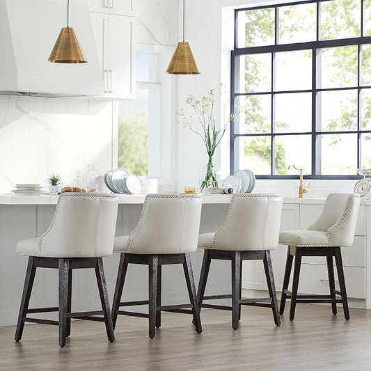 CHITA Counter Height Swivel Bar Stools Set of 4, FSC Certified Upholstered Counter Stools, Modern Swivel Barstools with Wood Legs for Kitchen Island, 26" Seat Height, Faux Leather in Creamy Grey