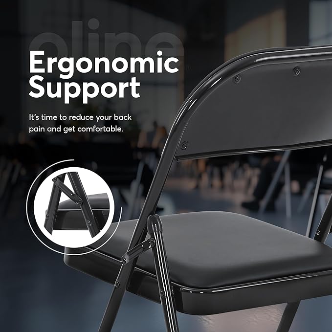 Oline Vinyl Folding Chairs, Padded Vinyl Cushion Chairs with Durable Metal Frame, Indoor Outdoor Stackable Foldable Guest Chairs for Office Wedding Kitchen Dining, 300lb Capacity (Black, 1 Pack)