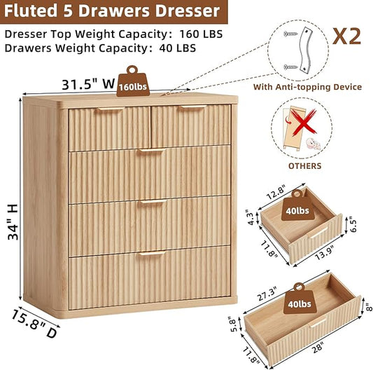 LEYAOYAO Fluted 5 Drawers Dresser for Bedroom, 34" Tall Modern Chest of Drawers with Metal Handle, Curved Profile Design,Natural Wood Drawer Organizer for Bedroom, Living Room, Hallway, Entryway