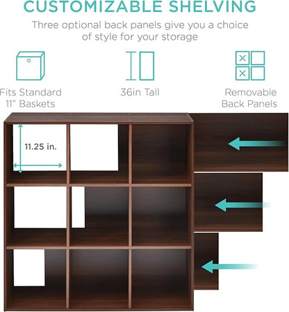 Best Choice Products 9-Cube Storage Organizer, 11in Shelf Opening, Bookcase, Display Shelf, Customizable w/ 3 Removable Back Panels - Walnut